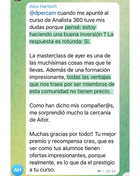 Captura del grupo Analista 360º — Alex Hartoch agradece la formación recibida