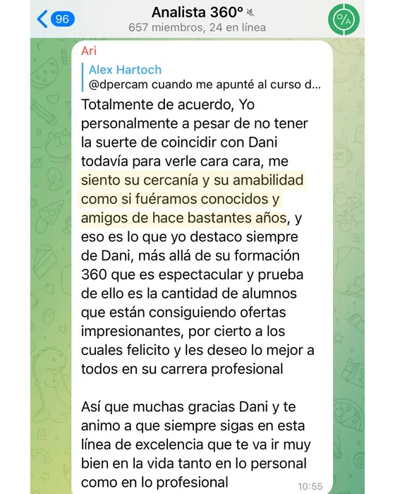 Captura del grupo Analista 360º — Ari comparte su experiencia